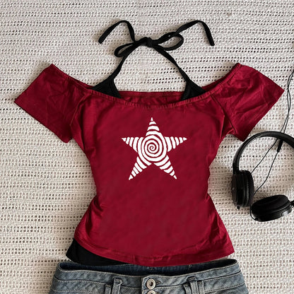 Red off-the-shoulder top featuring a black and white star print top design, perfect for casual wear