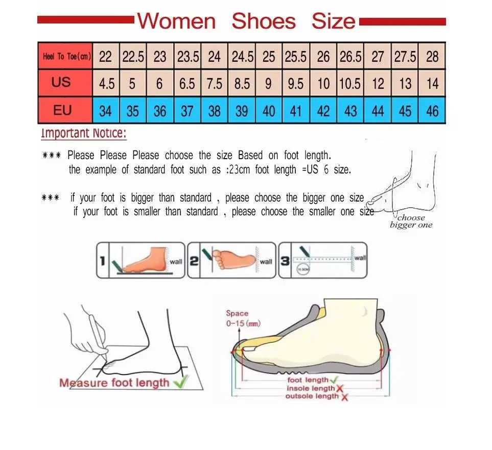 Size chart for Women's shoes including black ankle strap metal heel shoes sizing guidance