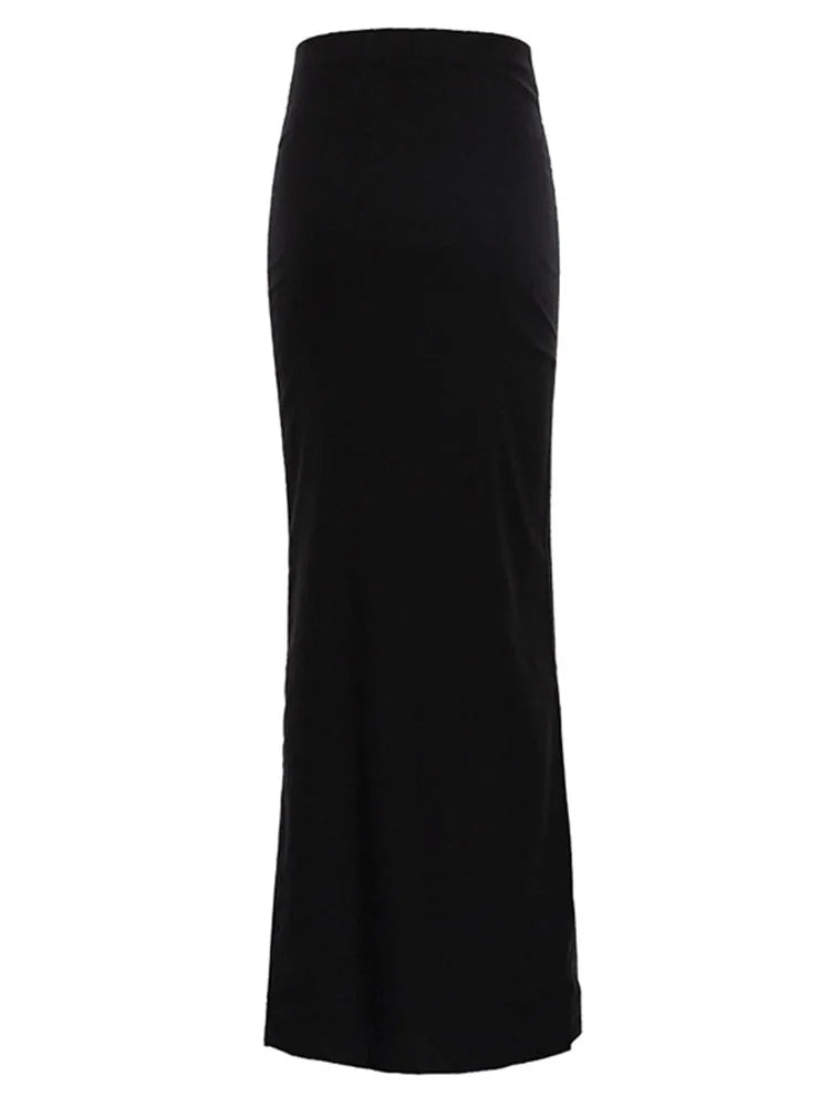 EtherealBe black high waist maxi skirt with a sleek, form-fitting silhouette for versatile styling