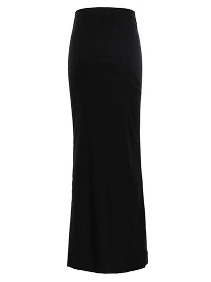 EtherealBe black high waist maxi skirt with a sleek, form-fitting silhouette for versatile styling