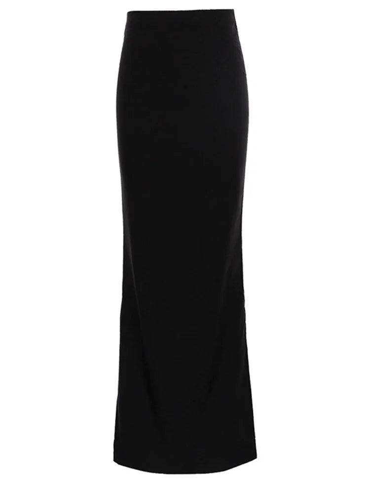 EtherealBe black high waist maxi skirt with a sleek silhouette for elegant styling