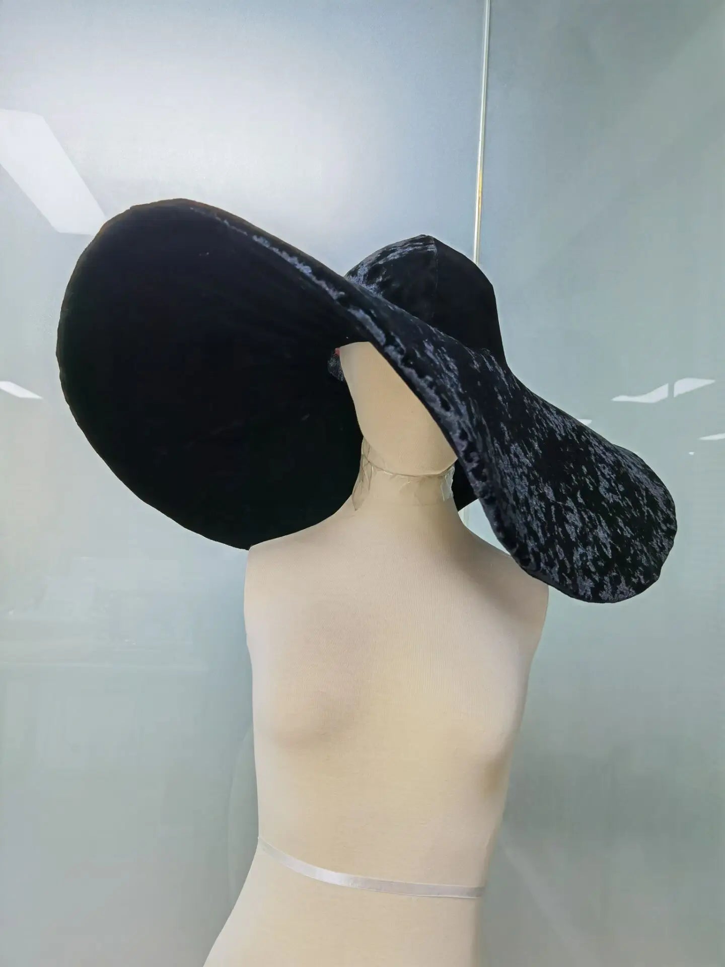 EtherealBe black velvet large brim hat with a dramatic oversized design for stylish sun protection