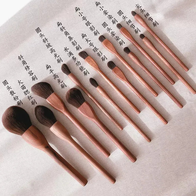 EtherealBe black walnut makeup brush set featuring various brush types for professional makeup application