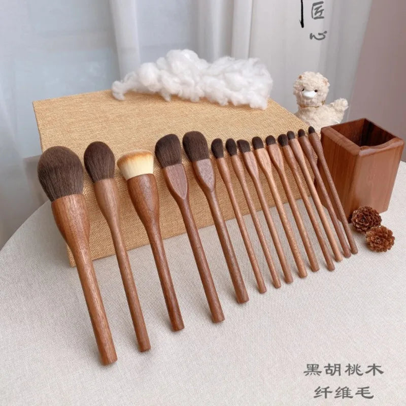 EtherealBe black walnut makeup brush set featuring various brush shapes for precise application