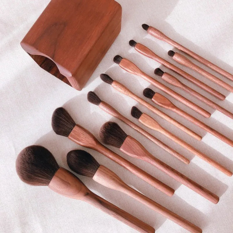 EtherealBe black walnut makeup brush set with wooden handles and organizer for flawless makeup application