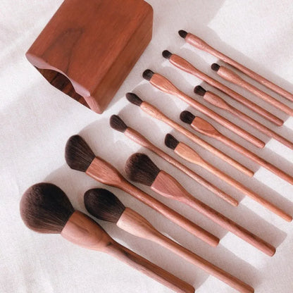 EtherealBe black walnut makeup brush set with wooden handles and organizer for flawless makeup application