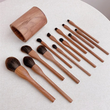 Black walnut makeup brush set featuring various brush sizes for flawless makeup application