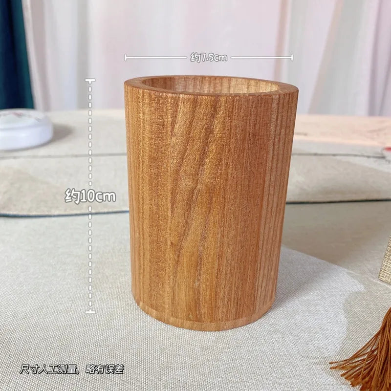 EtherealBe Black Walnut Makeup Brush Set Holder with a smooth wooden finish and a cylindrical design