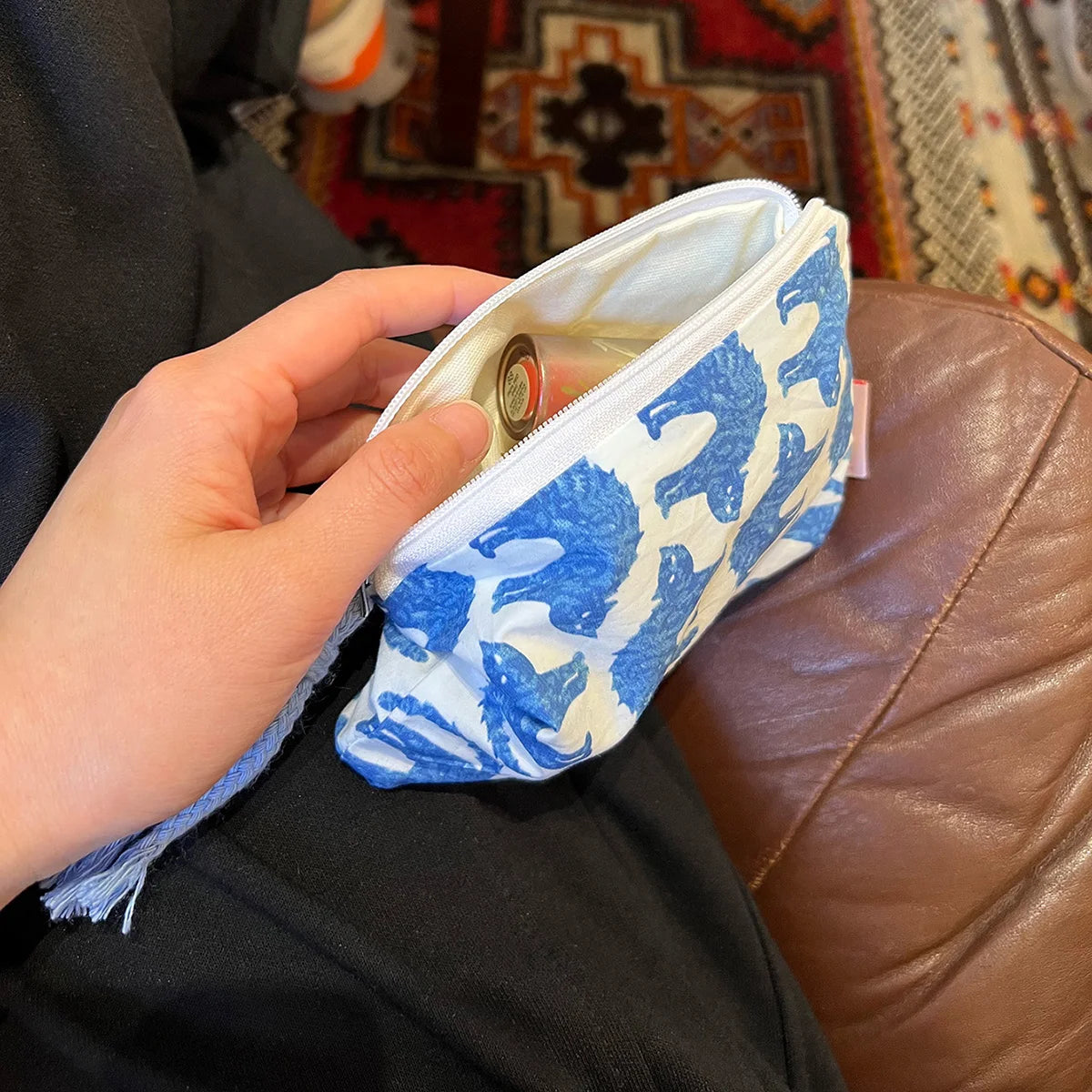 EtherealBe blue cat makeup bag featuring a whimsical blue cat design, perfect for storing cosmetics