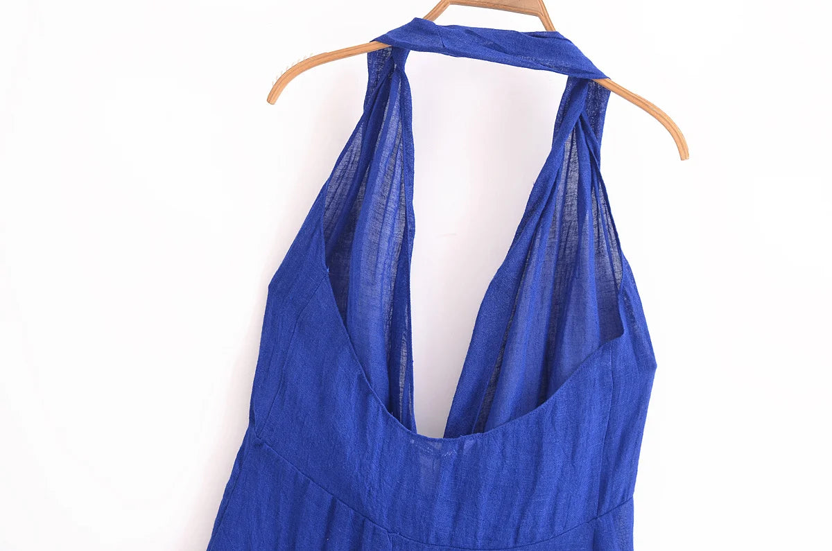 EtherealBe blue halter backless summer dress with a stylish deep neckline and lightweight fabric