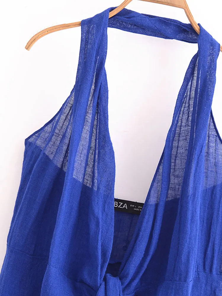 Blue halter backless summer dress with lightweight fabric for a stylish summer look