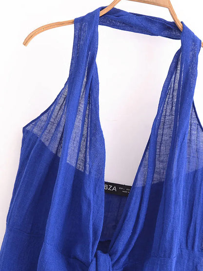 Blue halter backless summer dress with lightweight fabric for a stylish summer look