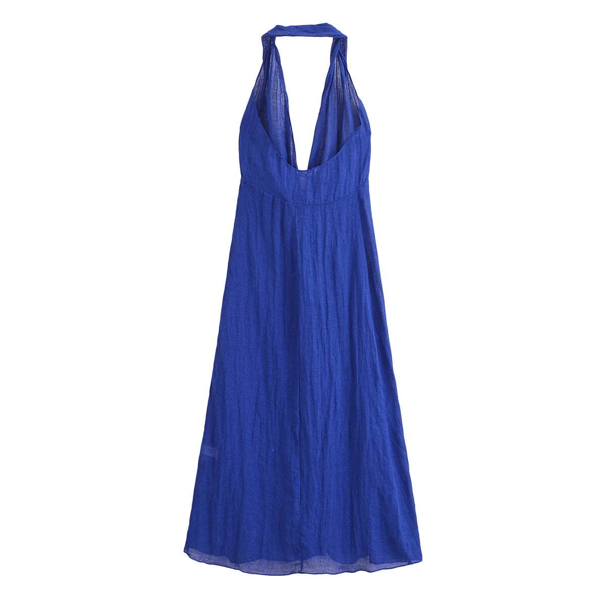 EtherealBe blue halter backless summer dress made from lightweight fabric for warm weather