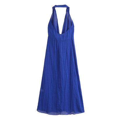 EtherealBe blue halter backless summer dress made from lightweight fabric for warm weather