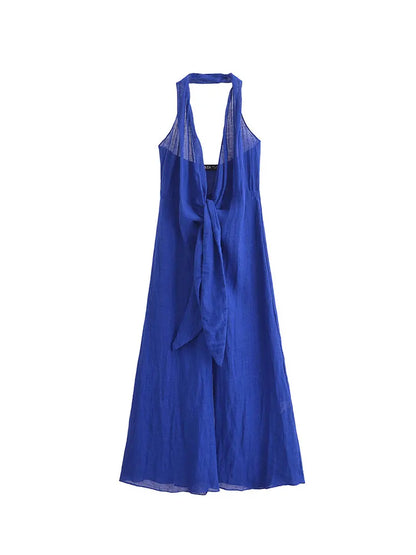 EtherealBe blue halter backless summer dress in vibrant blue color with elegant draped design