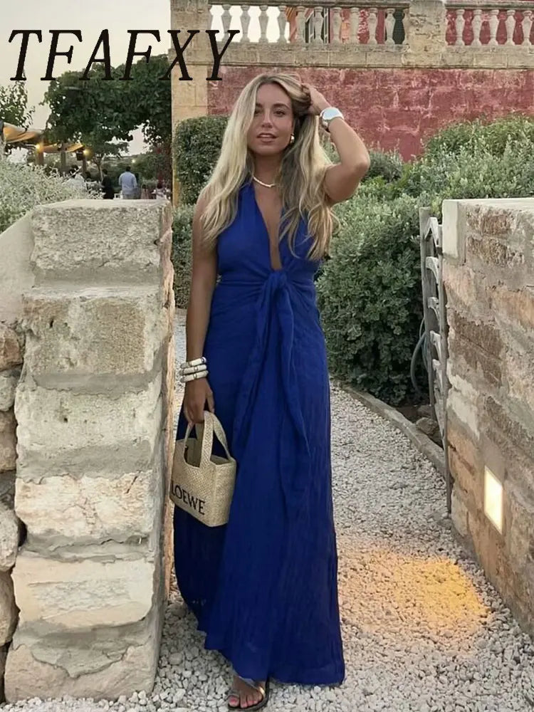 EtherealBe blue halter backless summer dress perfect for warm weather occasions