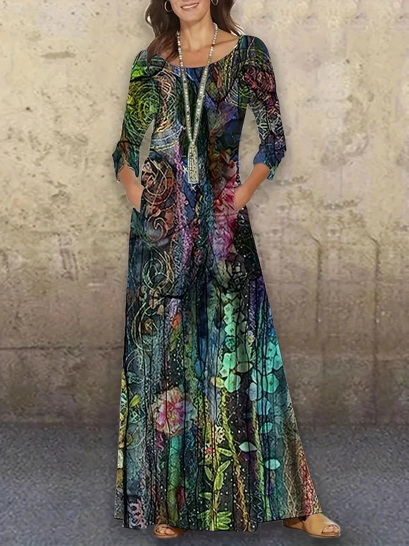 EtherealBe bohemian long sleeve evening dress with vibrant colors and a flowing design, perfect for special occasions