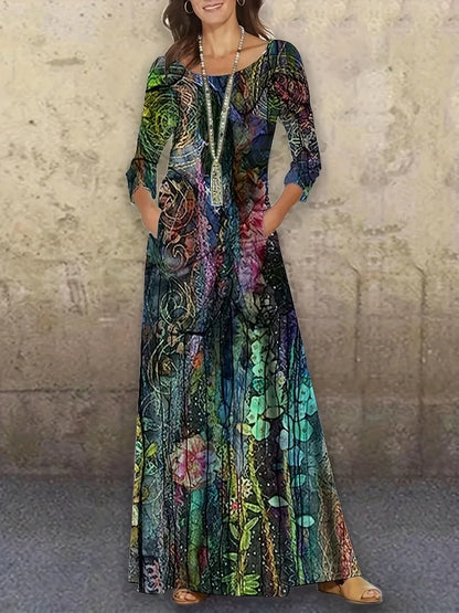 EtherealBe bohemian long sleeve evening dress with vibrant colors and a flowing design, perfect for special occasions