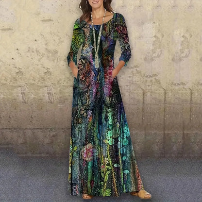 EtherealBe Bohemian long sleeve evening dress with colorful floral patterns and pockets