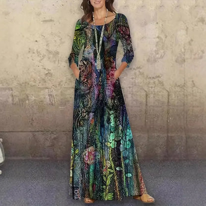 EtherealBe Bohemian long sleeve evening dress with a colorful floral design and pockets for a stylish look