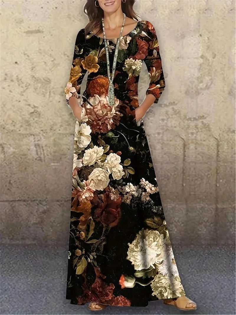 EtherealBe Bohemian long sleeve evening dress with floral design and pockets for elegant occasions