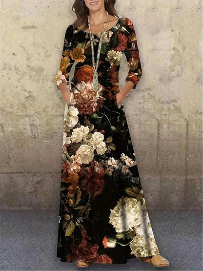 EtherealBe Bohemian long sleeve evening dress with floral design and pockets for elegant occasions
