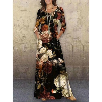 EtherealBe bohemian long sleeve evening dress with floral design and pockets for a stylish look