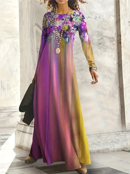 EtherealBe bohemian long sleeve evening dress in vibrant colors with floral design and flowing skirt