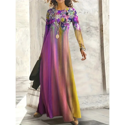 EtherealBe Bohemian long sleeve evening dress with vibrant floral design and flowing silhouette