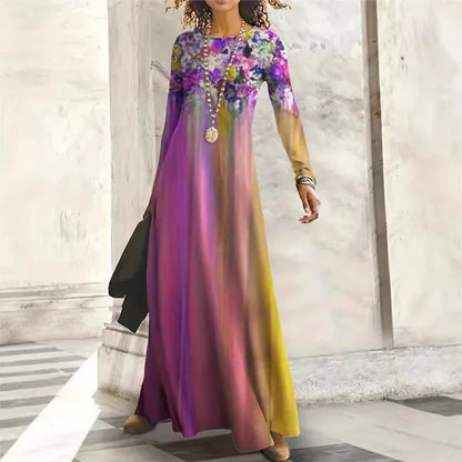 EtherealBe Bohemian long sleeve evening dress with colorful floral design and flowing fabric
