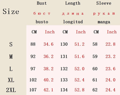 Size chart for EtherealBe bohemian long sleeve evening dress with measurements in centimeters and inches