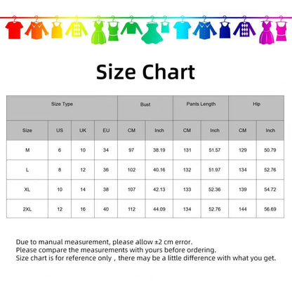 Size chart for EtherealBe boho chic jumpsuit with pockets detailing measurements for various sizes