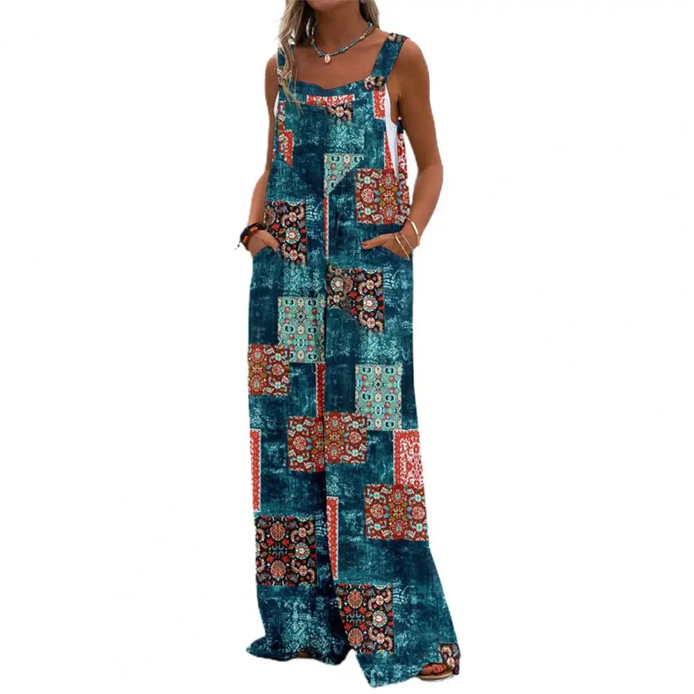 EtherealBe boho chic jumpsuit with pockets in vibrant patchwork design for stylish comfort