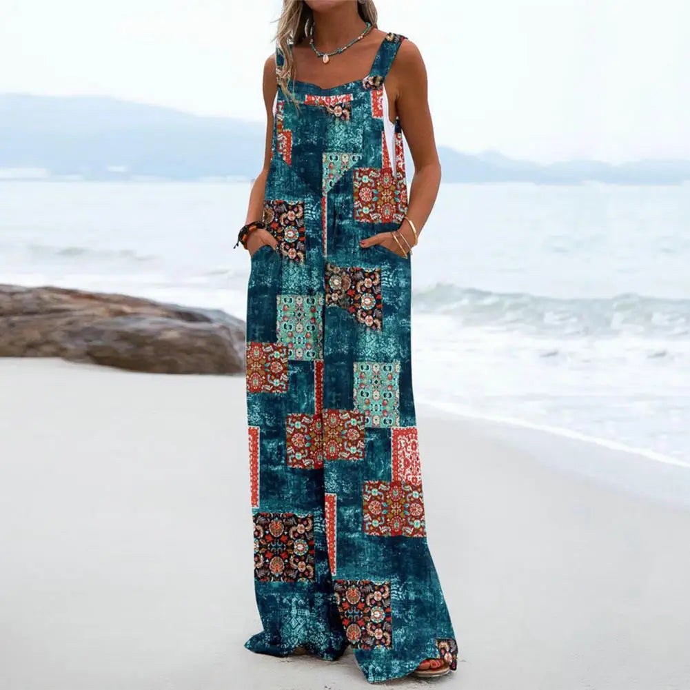 EtherealBe boho chic jumpsuit with pockets featuring a colorful patchwork design perfect for summer outings