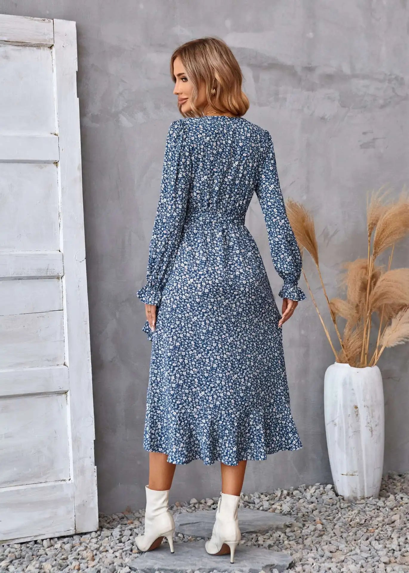 EtherealBe Boho Dress Patel Design for Women in Blue Floral Pattern with Long Sleeves and Flared Hem