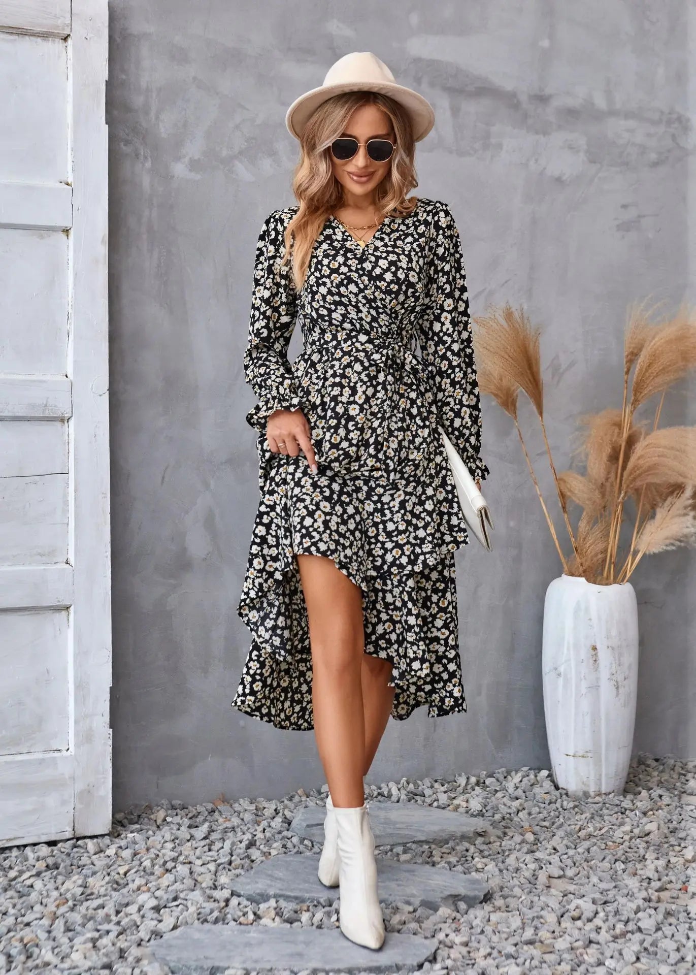 EtherealBe Boho Dress Patel Design for Women in Black with Floral Print and Asymmetric Hemline