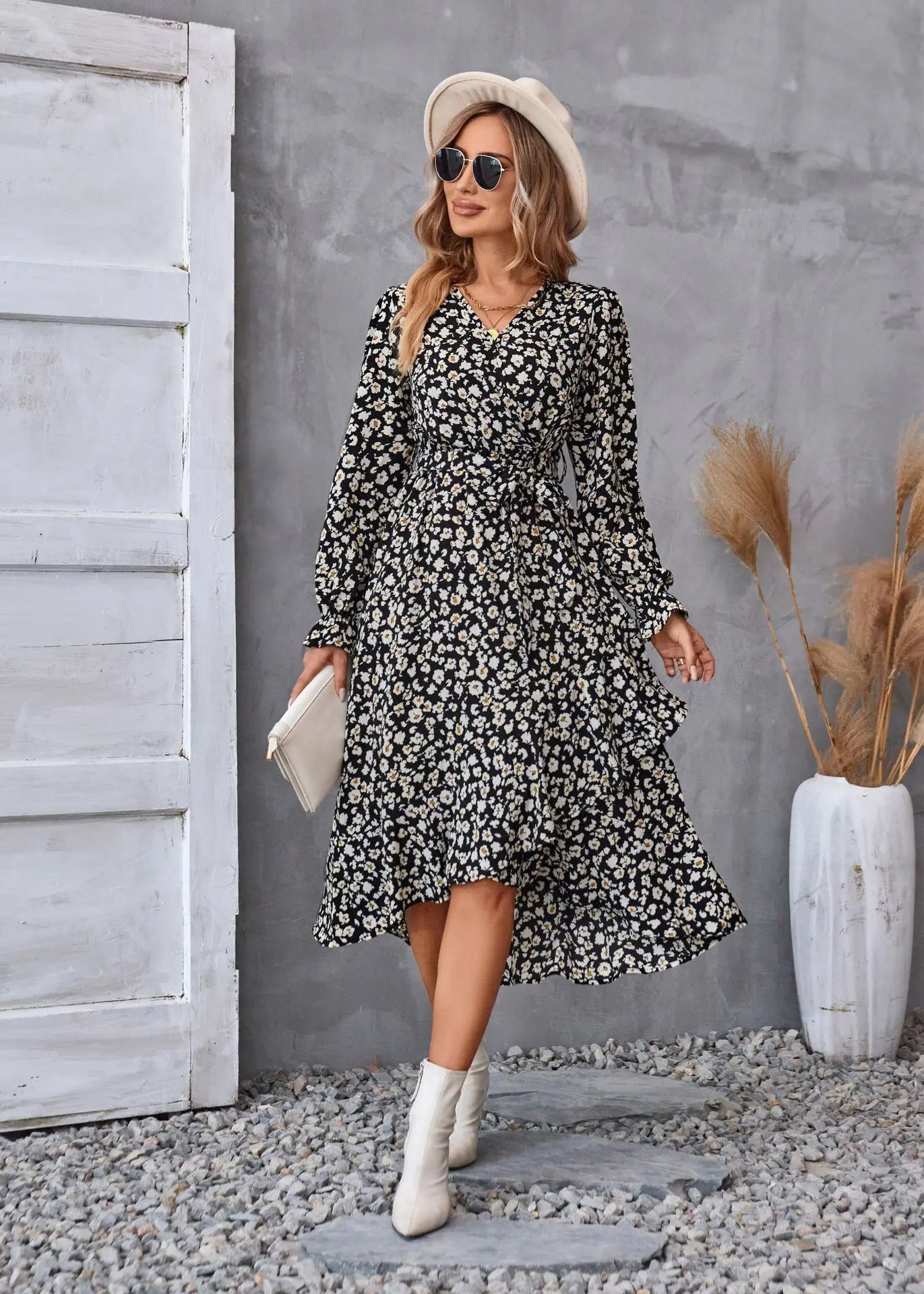 EtherealBe Boho Dress Patel Design for Women in Black Floral Pattern with Long Sleeves