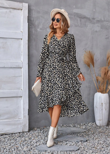 EtherealBe Boho Dress Patel Design for Women in Black Floral Pattern with Long Sleeves