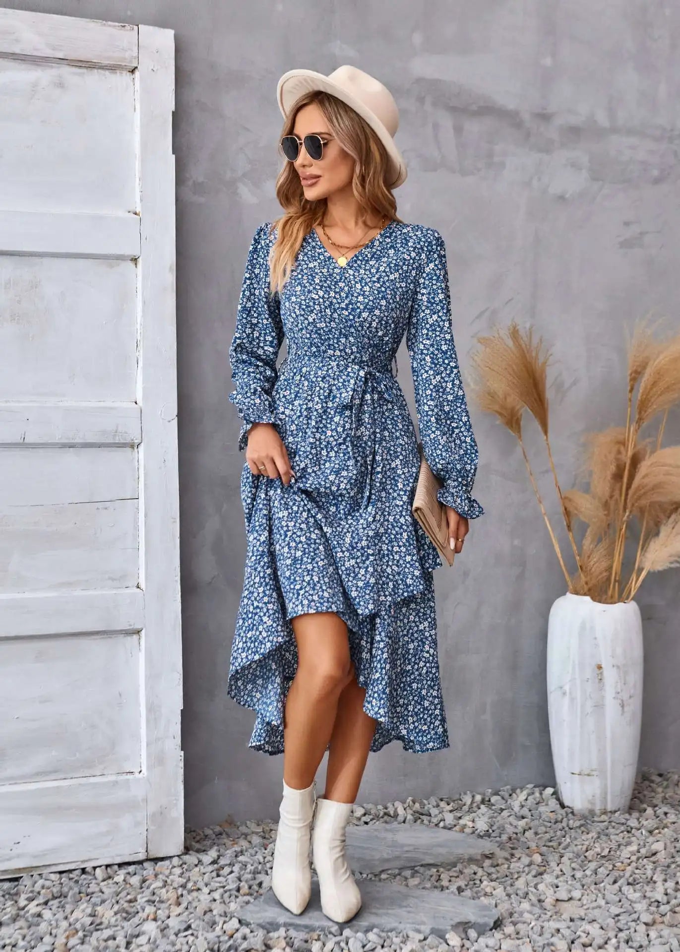 EtherealBe boho dress patel design for women in blue with floral pattern and ruffled hem