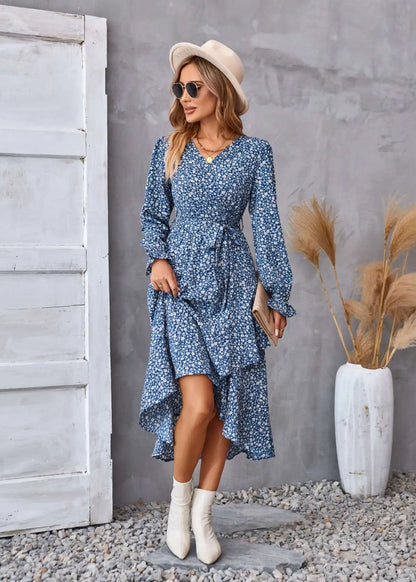 EtherealBe boho dress patel design for women in blue with floral pattern and ruffled hem