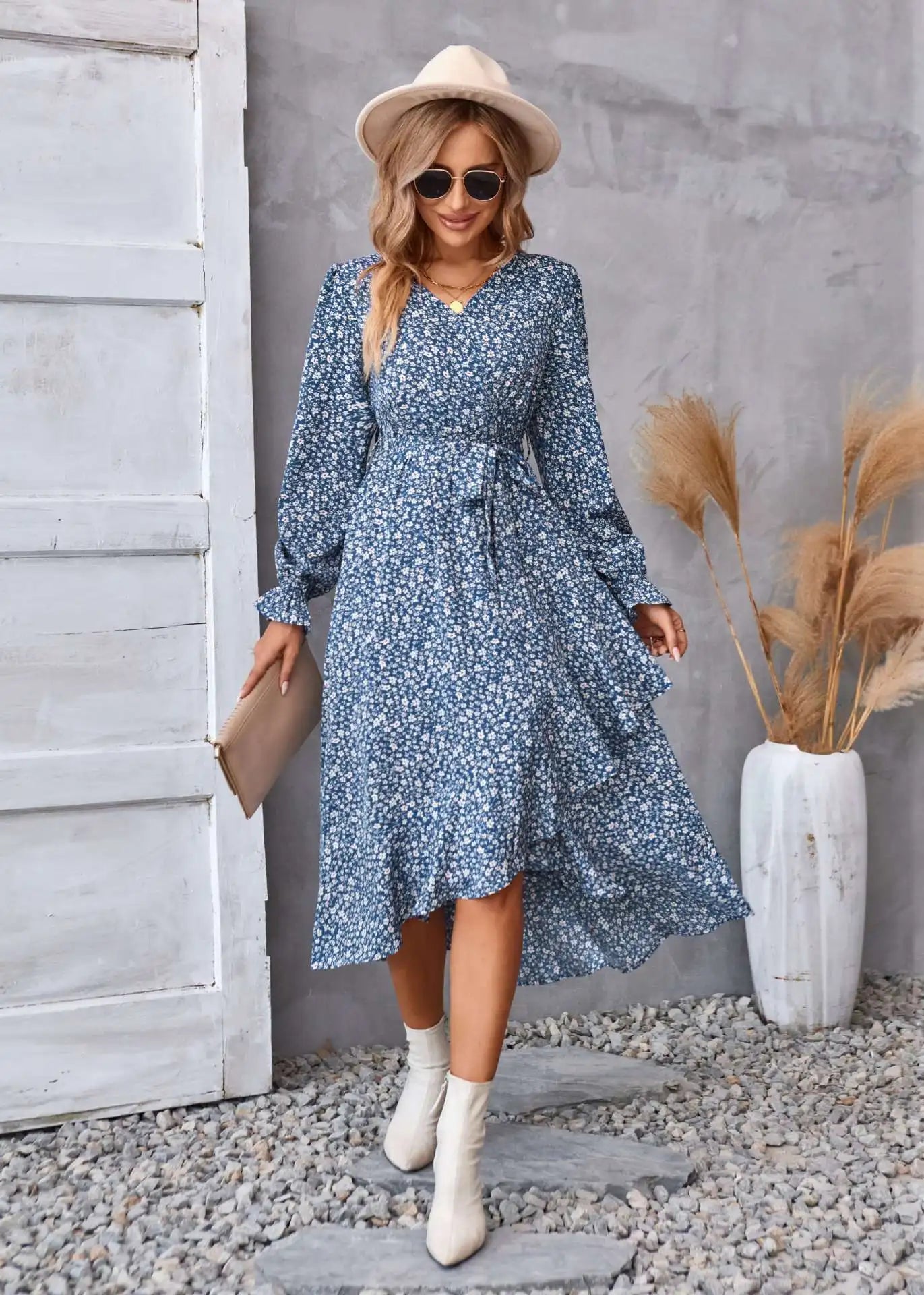 EtherealBe boho dress patel design for women with long sleeves and a flowy skirt in blue floral pattern