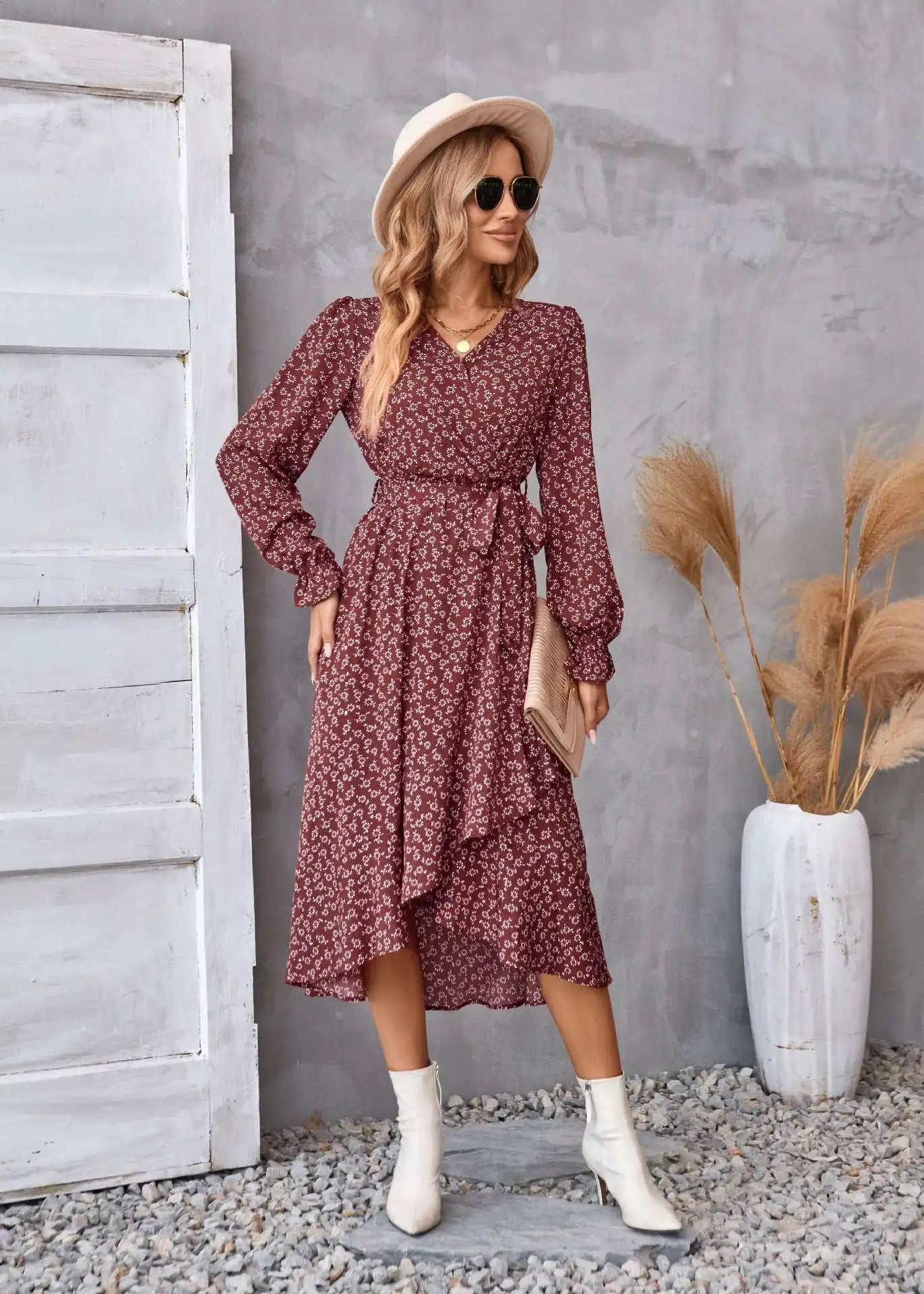 EtherealBe boho dress patel design for women in burgundy with long sleeves and a belt
