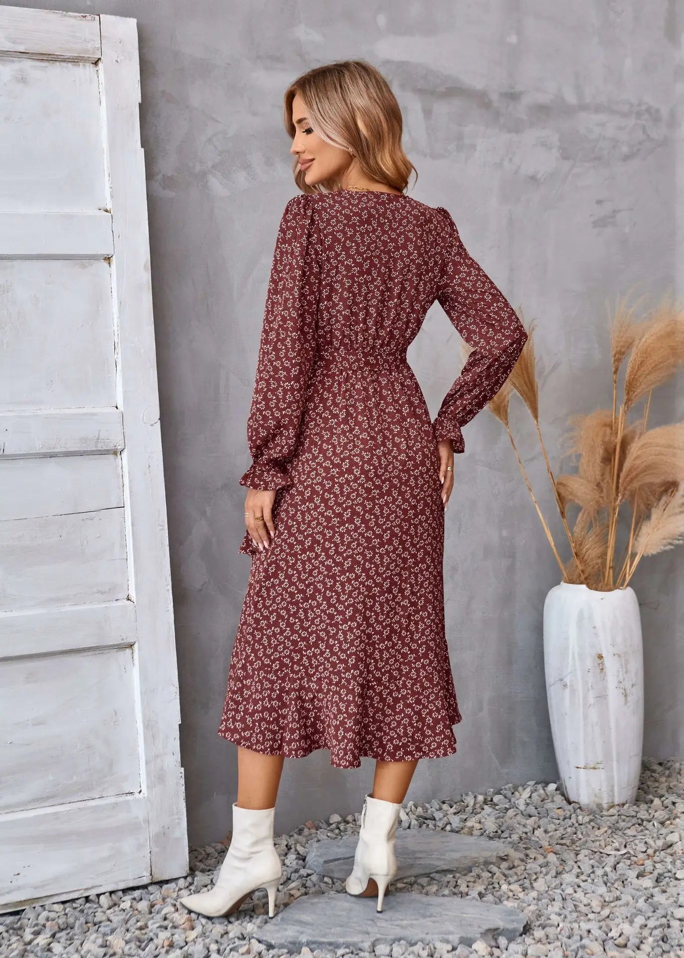 EtherealBe boho dress patel design for women in burgundy with long sleeves and a flowy fit