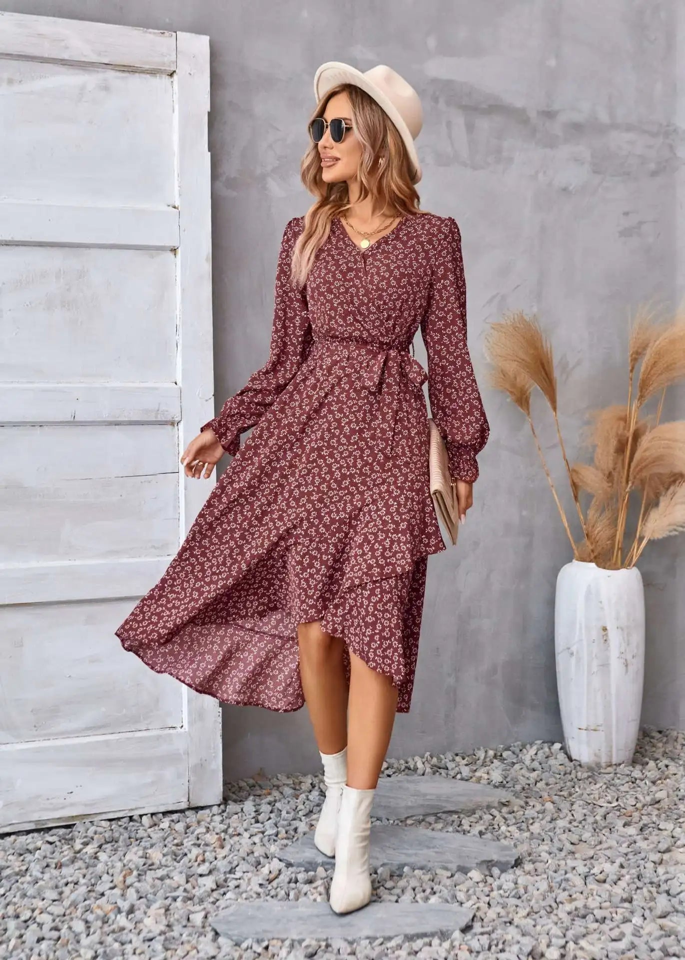 EtherealBe boho dress patel design for women in burgundy with ruffled hem and long sleeves