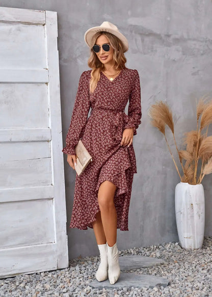 EtherealBe boho dress patel design for women in burgundy with ruffle hem and long sleeves