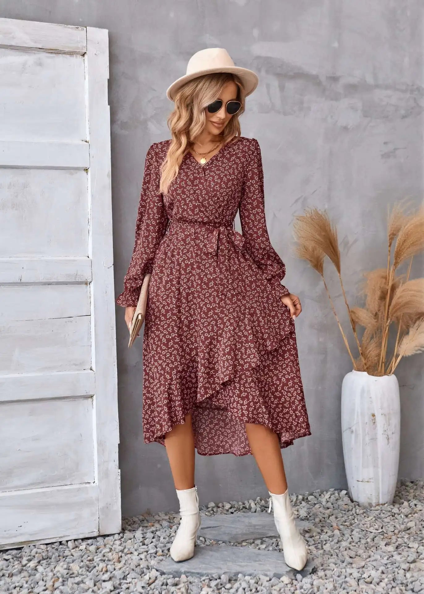 EtherealBe boho dress patel design for women in burgundy with a flowing hem and stylish sleeves