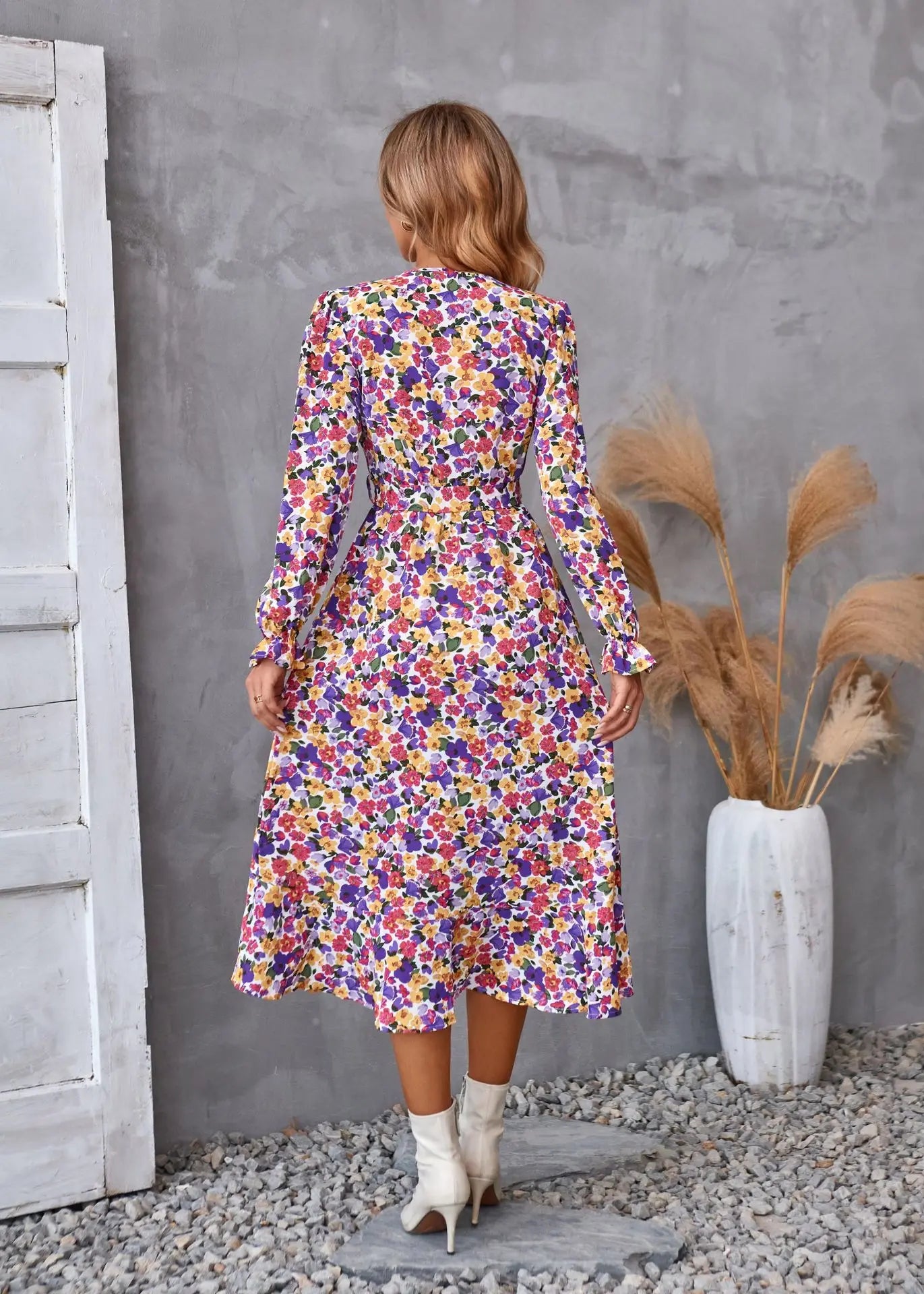 EtherealBe Boho dress patel design for women featuring a floral print and long sleeves