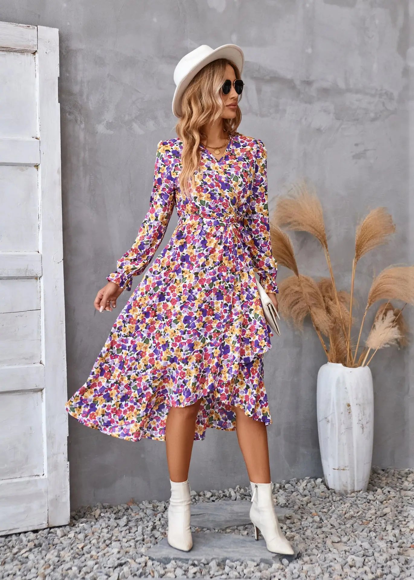 EtherealBe boho dress patel design for women in colorful floral pattern with long sleeves and ruffled hem