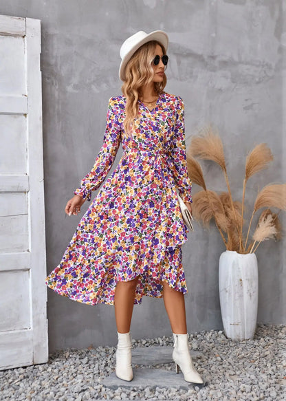 EtherealBe boho dress patel design for women in colorful floral pattern with long sleeves and ruffled hem