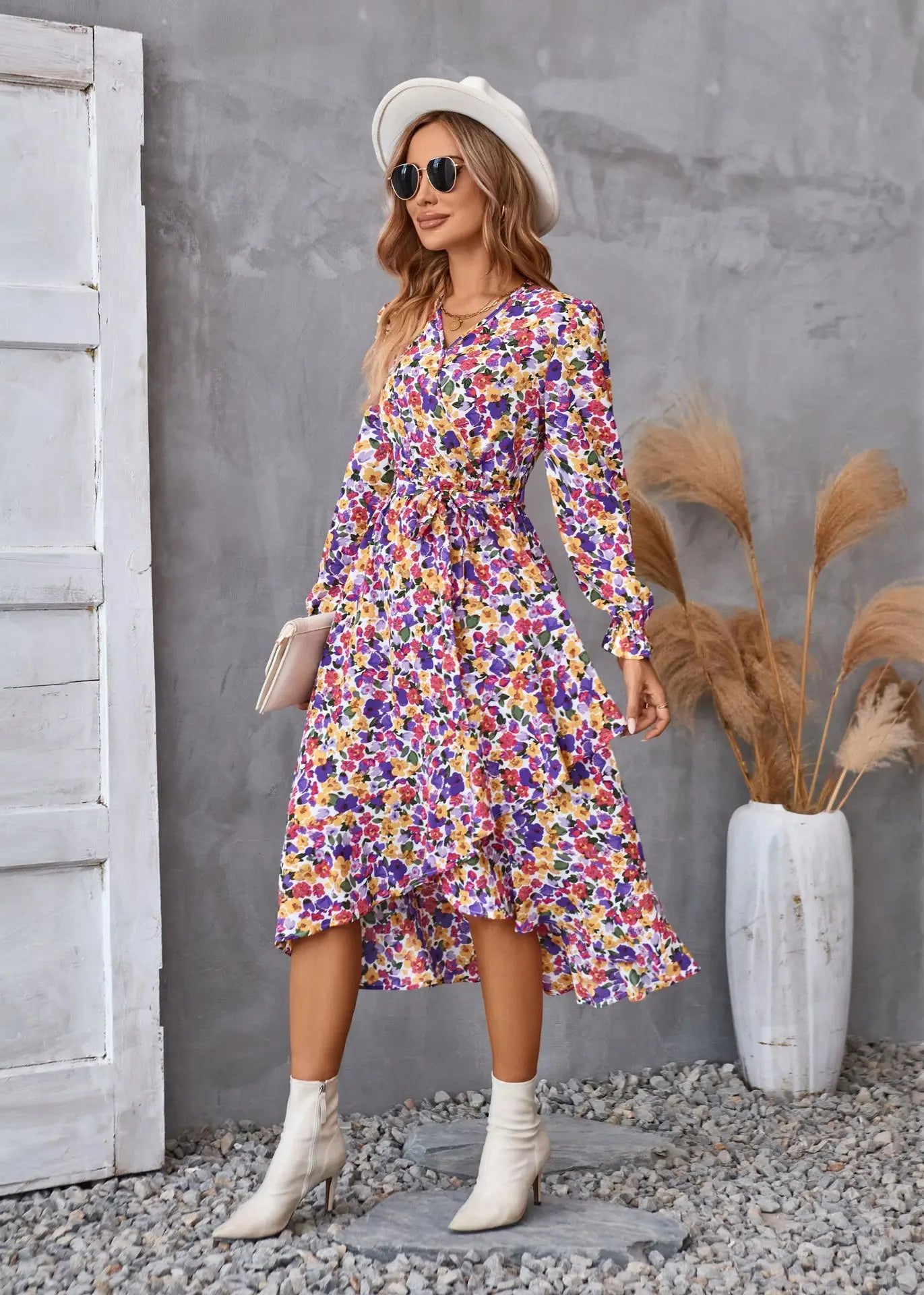 EtherealBe Boho Dress Patel Design for Women in Vibrant Floral Pattern with Long Sleeves and Waist Tie
